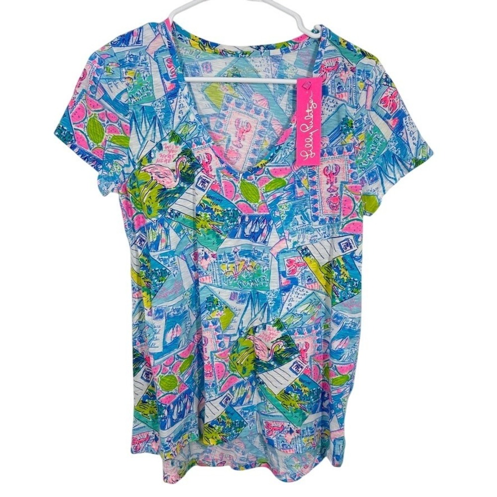 Lilly Pulitzer Etta V-Neck T-Shirt Blue Pink Wish You Were Here Flamingo Lobster